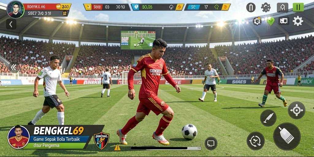 Tampilan gameplay BENGKEL69 dengan aksi seru di lapangan sepak bola.