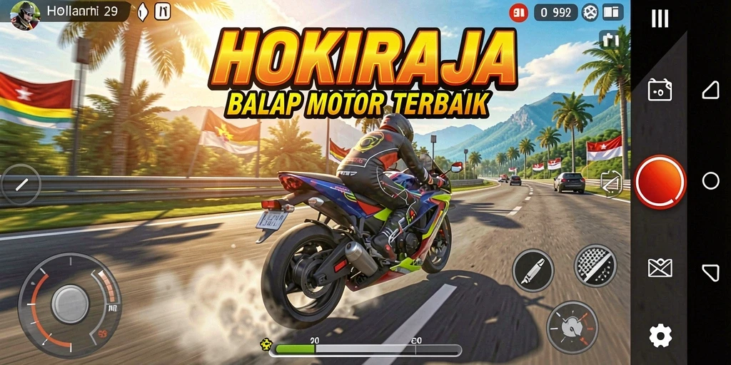 Gameplay seru HOKIRAJA dengan balapan motor yang penuh aksi.
