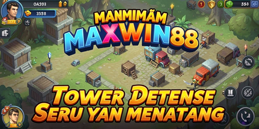 Tangkapan layar gameplay MAXWIN88 menampilkan aksi Tower Defense yang intens.