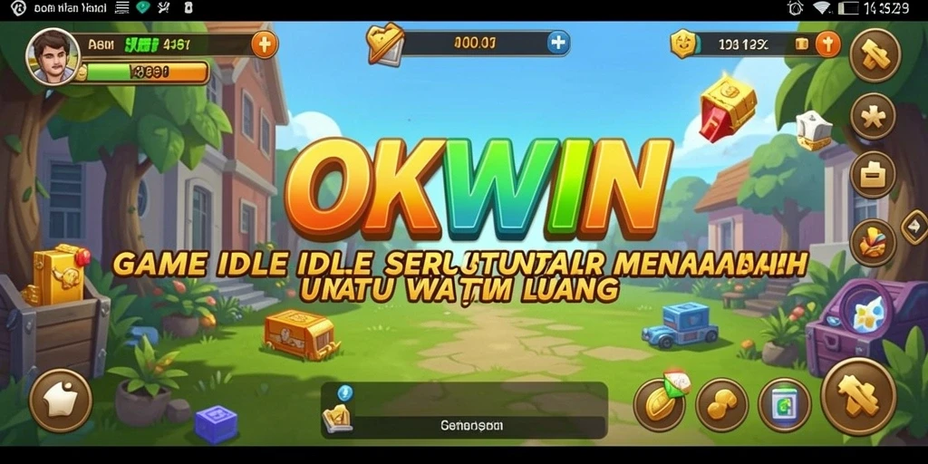 Screenshot gameplay OKWIN menampilkan karakter dan pengumpulan sumber daya yang menarik.