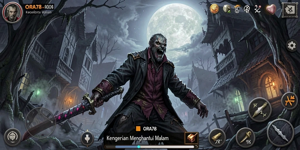 Screenshot gameplay ORA78 yang menampilkan suasana menakutkan dan karakter yang beraksi.