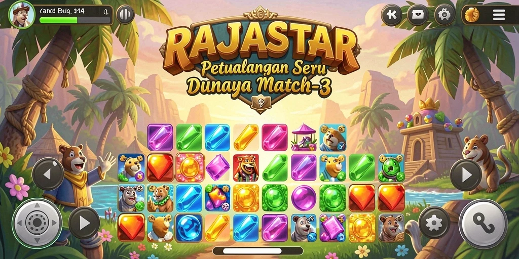 Gameplay seru RAJASTAR menampilkan kecocokan permata yang penuh warna.